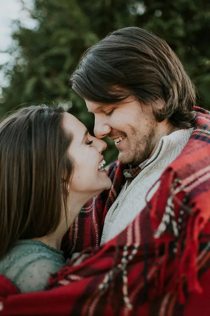 Happy couple in red clothes